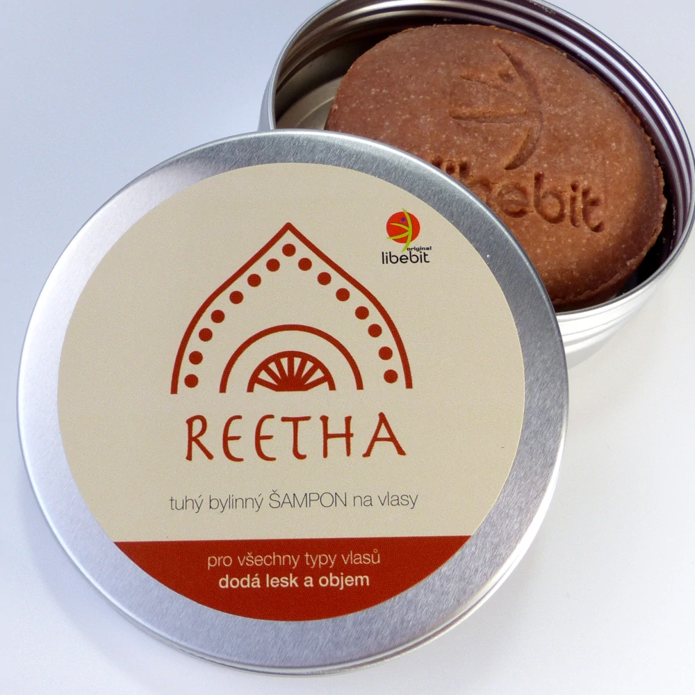tuhý bylinný šampon REETHA v plechové krabičce